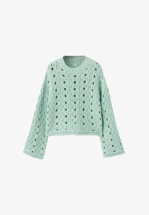 Pull tricoté vert clair avec motif ajouré, encolure ronde, manches longues et coupe légèrement courte.