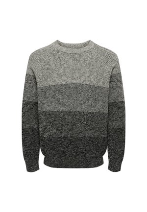 Langärmliger Strickpullover mit einem Farbverlaufsmuster, das von hellgrau oben zu dunklegrau unten übergeht.