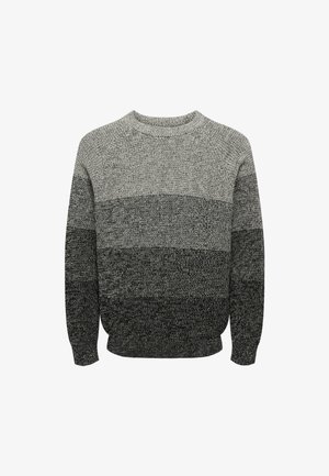 Maglione a maniche lunghe in maglia con un motivo gradiente che passa da grigio chiaro in cima a grigio scuro in fondo.