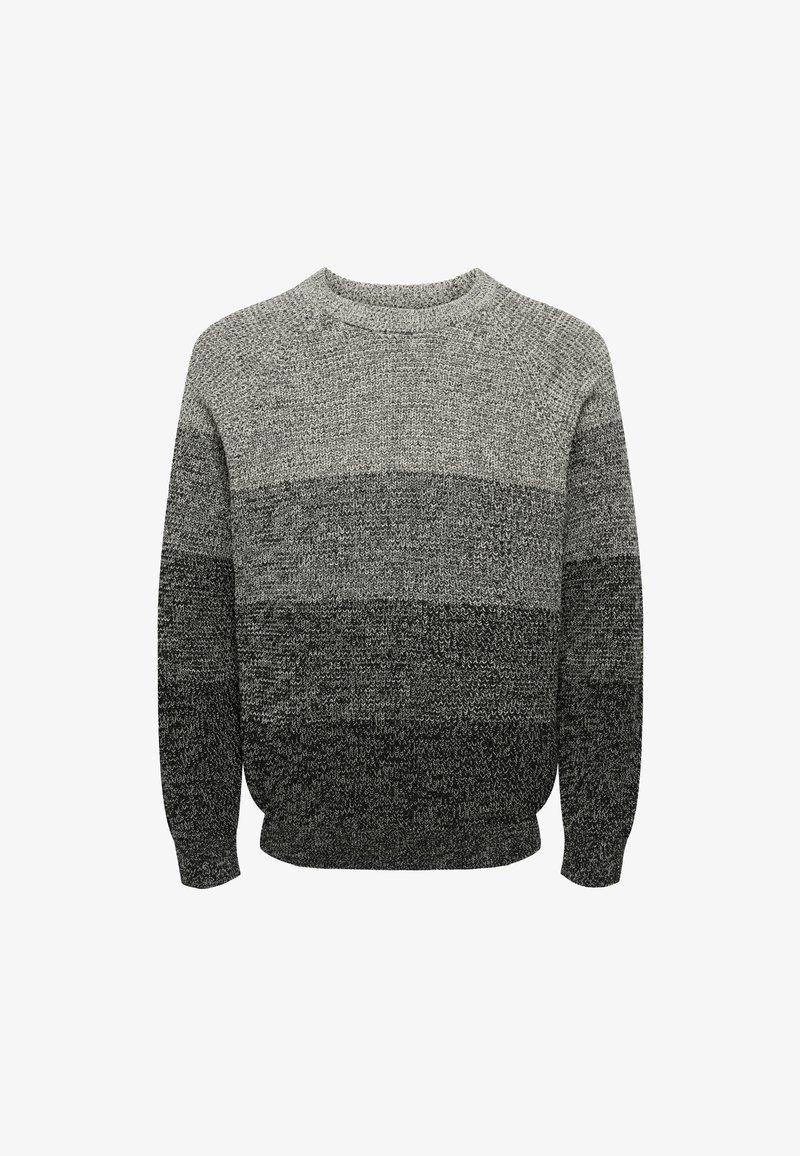 Langärmliger Strickpullover mit einem Farbverlaufsmuster, das von hellgrau oben zu dunklegrau unten übergeht.