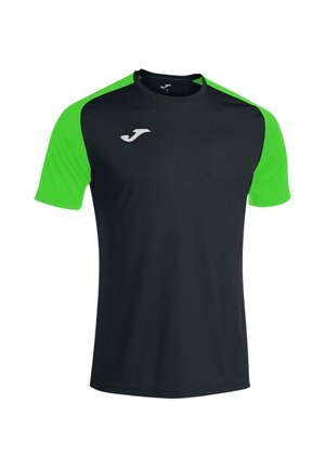 Maglietta sportiva nera a maniche corte con maniche e spalle verde brillante, con logo bianco del marchio Joma sul petto destro.