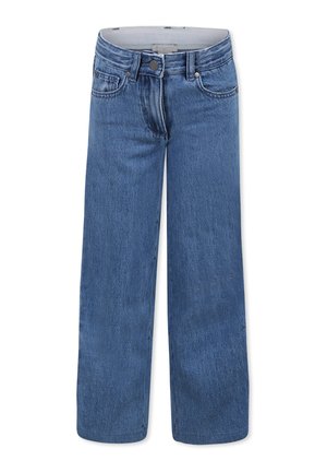 Jeans a gamba larga in denim blu medio, con vita aderente, design a cinque tasche, chiusura con bottone e una leggera sfumatura per aggiungere texture.