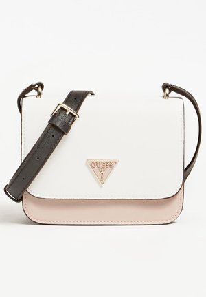 Small rectangular crossbody bag with white and pale pink panels, black adjustable strap, and gold Guess logo on front flap.