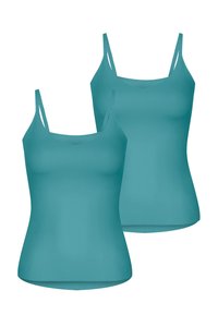 Two teal camisoles with thin straps, made of smooth, stretchy material, featuring a v-neck design and a form-fitting, seamless silhouette.