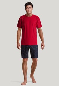 Rode t-shirt met korte mouwen gecombineerd met marineblauwe gestreepte korte broek met kleine meerkleurige stippen. Het ontwerp is casual en comfortabel.