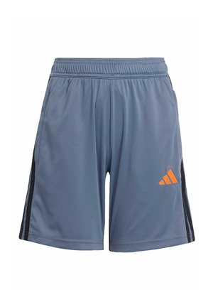 Gray athletic shorts made of lightweight material, featuring an elastic waistband, side pockets, and orange Adidas logo with black side stripes.