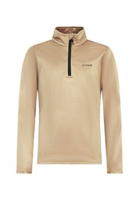 Beige kwart ritssweater gemaakt van gladde stof, met lange mouwen en een zwarte rits. Subtiel logo geborduurd op de borst.