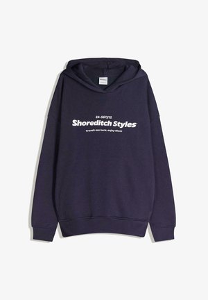 Felpa con cappuccio blu navy con tasca a marsupio, polsini e orlo a coste. Presenta scritte bianche: "Shoreditch Styles" e "Le tendenze sono qui, goditele."