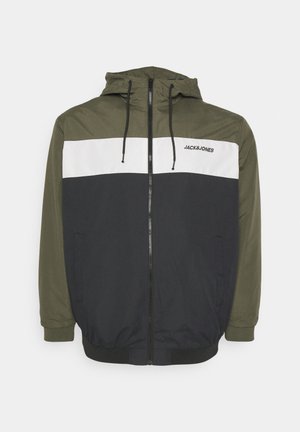 Hooded jacket featuring a zip front, color-blocked design in olive green, white, and black, with elastic cuffs and hem. Brand logo on chest.