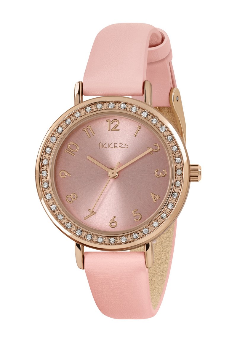 Montre ronde avec un boîtier en acier rose doré, un cadran métallique rose et des accents en cristal. Elle est équipée d'un bracelet en cuir rose clair.