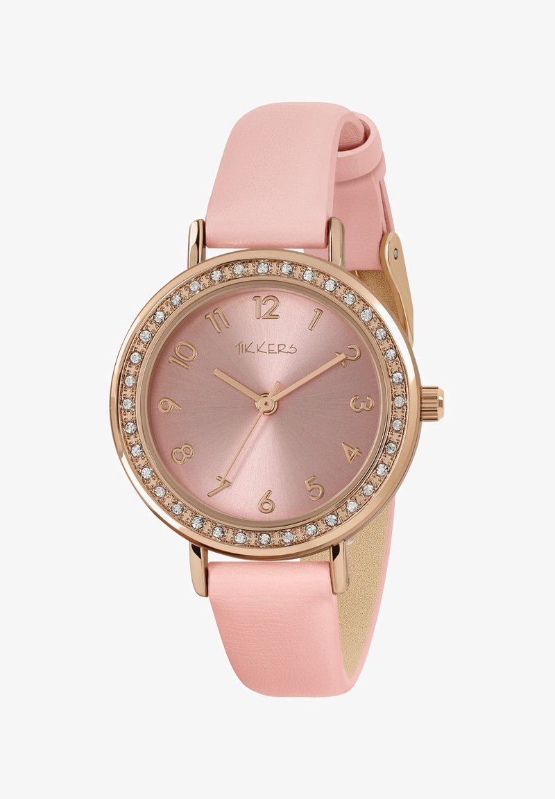 Montre ronde avec un boîtier en acier rose doré, un cadran métallique rose et des accents en cristal. Elle est équipée d'un bracelet en cuir rose clair.