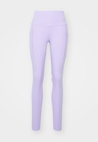 Lichtpaarse leggings met een hoge tailleband, voorzien van twee zijzakken en een gladde, elastische stof die is ontworpen voor comfort en bewegingsvrijheid.