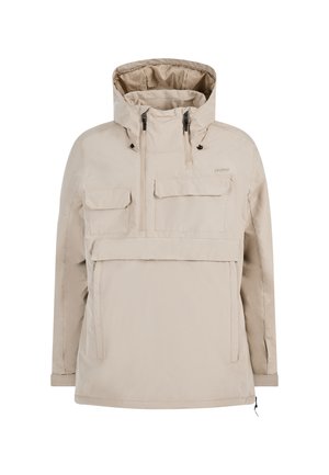 Beige Pulloverjacke mit hohem Kragen, verstellbare Kapuze, zwei Fronttaschen und Reißverschluss entlang der Brust; aus leichtem, wasserabweisendem Material.