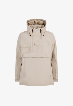 Beige Pulloverjacke mit hohem Kragen, verstellbare Kapuze, zwei Fronttaschen und Reißverschluss entlang der Brust; aus leichtem, wasserabweisendem Material.