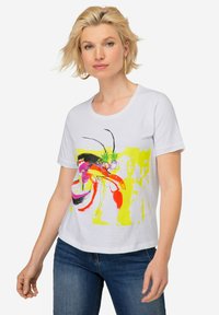 Weißes Baumwoll-T-Shirt mit einem bunten Hummer-Design in Pink, Gelb und Schwarz. Klassischer Rundhalsausschnitt und kurze Ärmel.