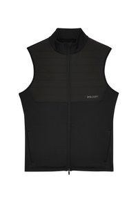 Gilet sans manches noir avec un col haut, présentant un panneau avant matelassé, une fermeture éclair et des poches latérales. Logo Lyle & Scott sur la poitrine.
