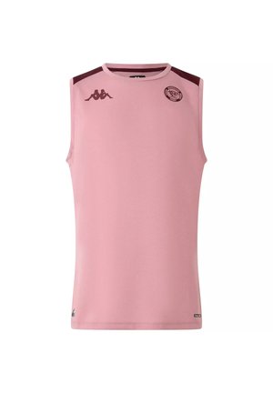 Mouwloze roze sporttop met bordeauxkleurige schouderaccenten, Kappa-logo op de rechterborst en Bordeaux Rugby-embleem op de linkerborst.