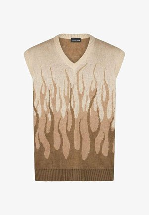Gilet beige senza maniche con scollatura a V. Presenta un motivo a fiamma in tonalità di marrone chiaro e scuro. Orlo ribattuto nella parte inferiore.