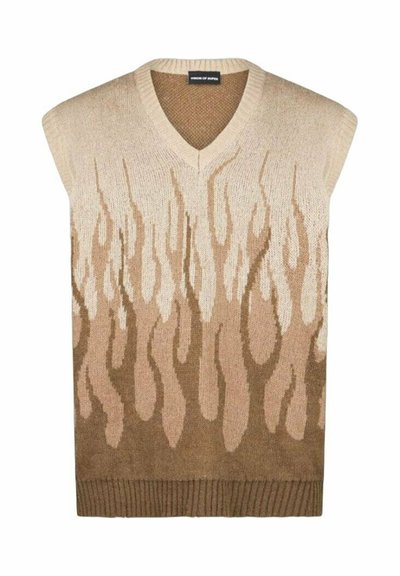 Gilet beige senza maniche con scollatura a V. Presenta un motivo a fiamma in tonalità di marrone chiaro e scuro. Orlo ribattuto nella parte inferiore.