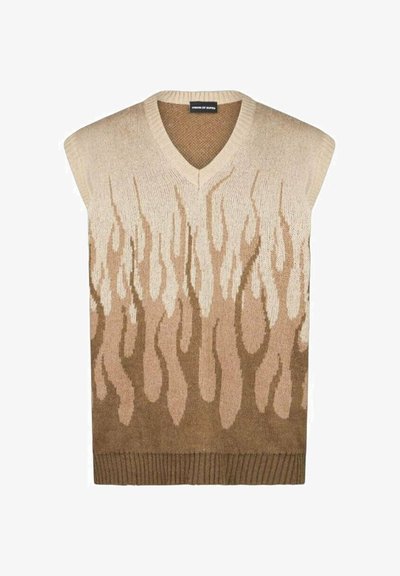 Gilet beige senza maniche con scollatura a V. Presenta un motivo a fiamma in tonalità di marrone chiaro e scuro. Orlo ribattuto nella parte inferiore.