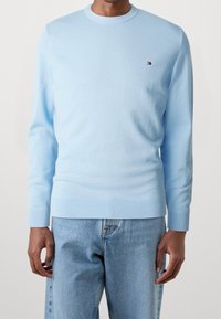 Hellblauer Pullover mit Rundhalsausschnitt aus weichem Material, ausgestattet mit gerippten Bündchen und Saum sowie einem kleinen Logoemblem auf der Brust.