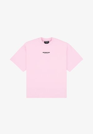 Pink cotton t-shirt featuring a crew neckline, short sleeves, and a black logo printed on the front, with a relaxed fit.