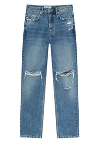 Světle modré džíny z denimu se straight fit, které mají potrhané detaily na kolenou a vybledlou strukturu. Design s pěti kapsami a zapínáním na knoflík.