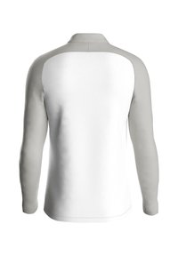 Camisetta a maniche lunghe con corpo bianco e maniche grigie chiare, colletto alto e texture del tessuto liscia. Nessun hardware o accento visibile.