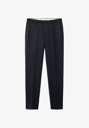 Czarne męskie wąskie spodnie wizytowe z szlufkami na pasek, bocznymi kieszeniami oraz zapięciem na guzik i zamek z przodu.