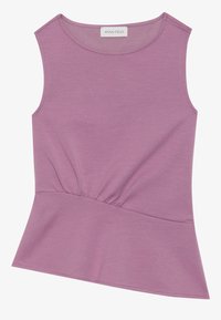 Sleeveless lilac top with round neckline and gathered detail at the waist, flaring slightly at the hem.