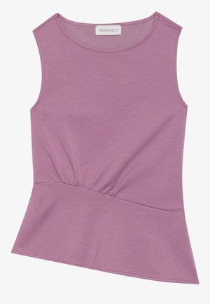 Top senza maniche di colore lilla con scollatura rotonda e dettaglio plissettato in vita, che si allarghera' leggermente all'orlo.