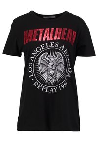 Svart bomullströja med en metallisk röd "METALHEAD"-tryck och en grafisk design av en örn med skallar och "LOS ANGELES ARMY REPLAY 1981."