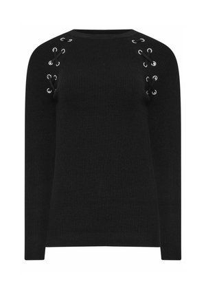 Sort strikket sweater med ribbet tekstur, der har sølvøjer og snørebånd på skuldrene for ekstra detalje. Klassisk rund hals design.