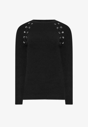 Pull en maille noire avec une texture côtelée, doté d'œillets en argent et de lacets aux épaules pour un détail supplémentaire. Design classique à col rond.