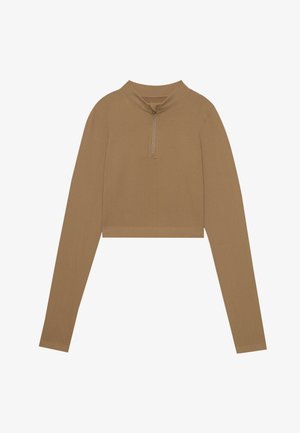 Brun, cropped langærmet top med høj krave og halv lynlås. Lavet af et struktureret stof, med tætsiddende ærmer og minimale design detaljer.