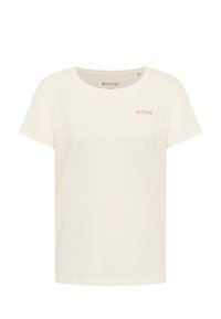 Krēmbalts īsām piedurknēm T-krekls ar noapaļotu kakla izgriezumu un smalku sarkanu "MUSTANG" logo uz krūšu daļas. Mīksts audums, ikdienišķa piegriezne.