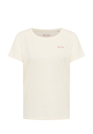 Cremfarbendes T-Shirt mit kurzen Ärmeln, rundem Halsausschnitt und subtilen roten "MUSTANG"-Logo auf der Brust. Weicher Stoff, lässige Passform.