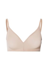 Bralette beige chiaro con una texture liscia, design a V e sottili spalline regolabili. Senza imbottitura né ferretto, per garantire comfort.