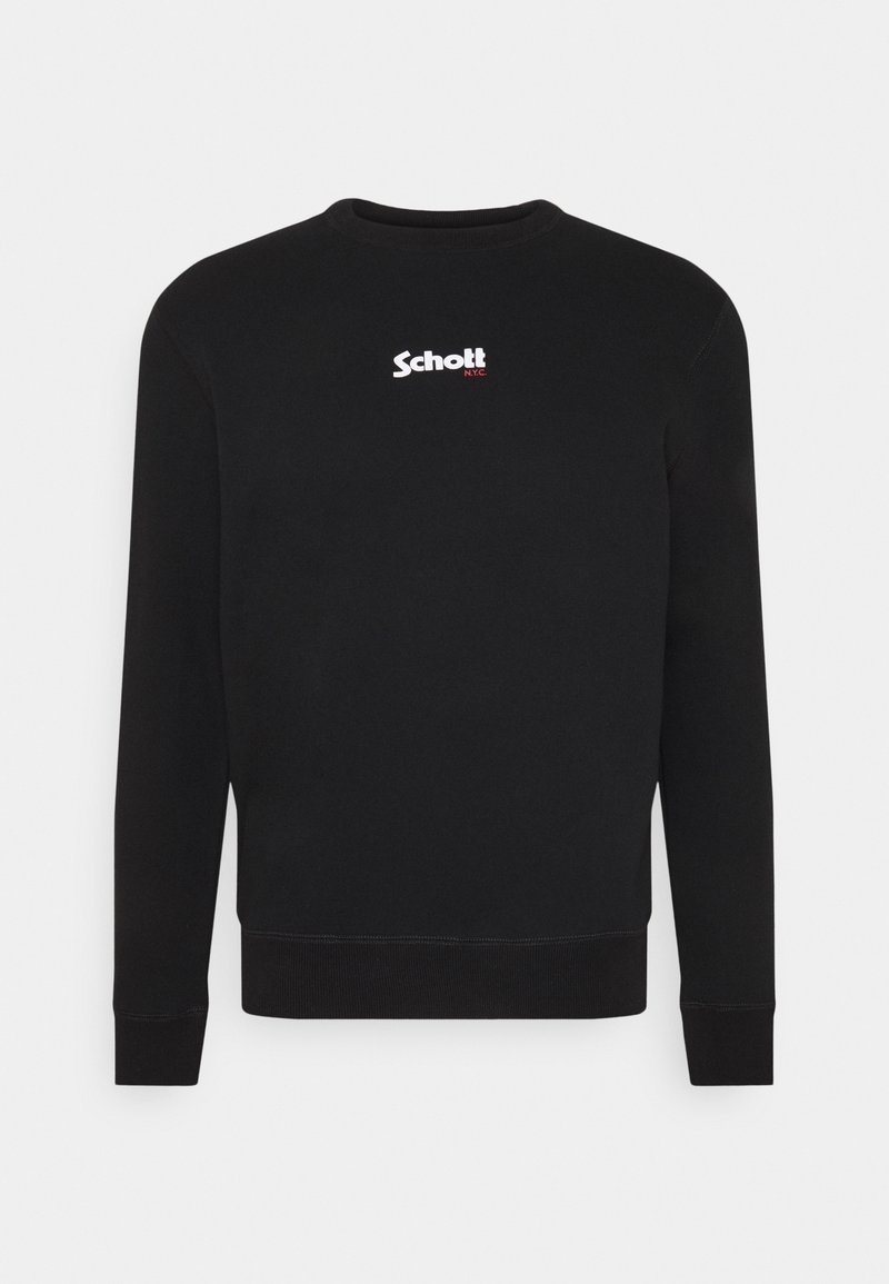 Sweat-shirt noir à manches longues et col rond avec logo texte blanc "Schott" et rouge "N.Y.C." centré sur la poitrine.