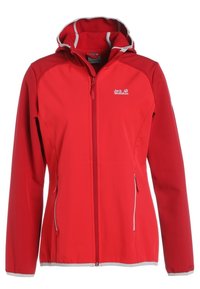Rød softshell-jakke med lynlåslukning foran, justerbar hætte og reflekterende detaljer. Har to sidelommer og en glat stoftekstur.