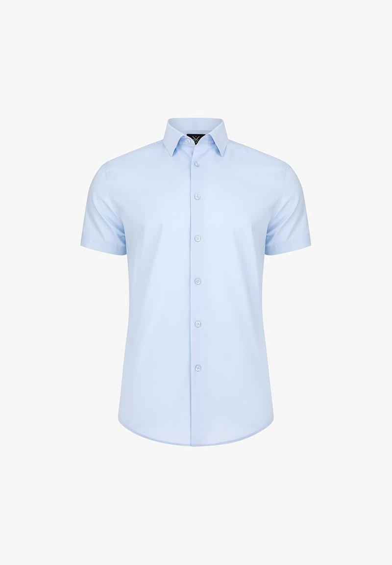 Jasnoniebieska, krótko rękawowa koszula zapinana na guziki, wykonana z gładkiej tkaniny. Posiada klasyczny kołnierzyk i sześć guzików z przodu.