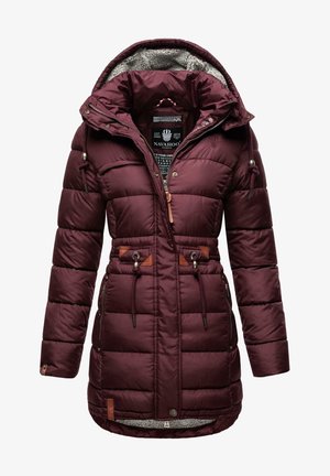 Maroon quilted puffer jacket with a faux fur-lined hood, adjustable drawstrings, leather accents, and two side zip pockets.