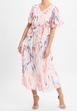 Sukienka maxi z lekko przezroczystej, lekkiej tkaniny w pastelowej kolorystyce z abstrakcyjnymi paskami. Dekolt w serek, krótkie, zwiewne rękawy oraz regulowany pasek.