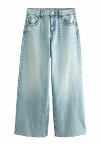 Svetlomodré široké džínsy vyrobené z denimu, s vysokým pásom, prednými vreckami a jemným vyblednutím pre efekt opotrebovanosti.