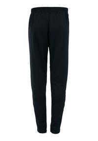 Zwarte sportbroek met een elastische tailleband, taps toelopende benen en een gladde stoftextuur, ontworpen voor comfort en actieve beweging.