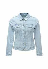 Veste en denim bleu clair avec manches longues, fermeture à boutons sur le devant, deux poches poitrine et un col classique. Présente un design ajusté.