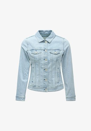 Chaqueta de mezclilla azul claro con mangas largas, cierre frontal de botones, dos bolsillos en el pecho y un cuello clásico. Presenta un diseño ajustado.