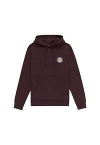 Sudadera burdeos con un bolsillo frontal, capucha con cordón y logo circular en el pecho. Textura suave con puños y dobladillo acanalados.