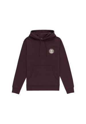 Sudadera burdeos con un bolsillo frontal, capucha con cordón y logo circular en el pecho. Textura suave con puños y dobladillo acanalados.