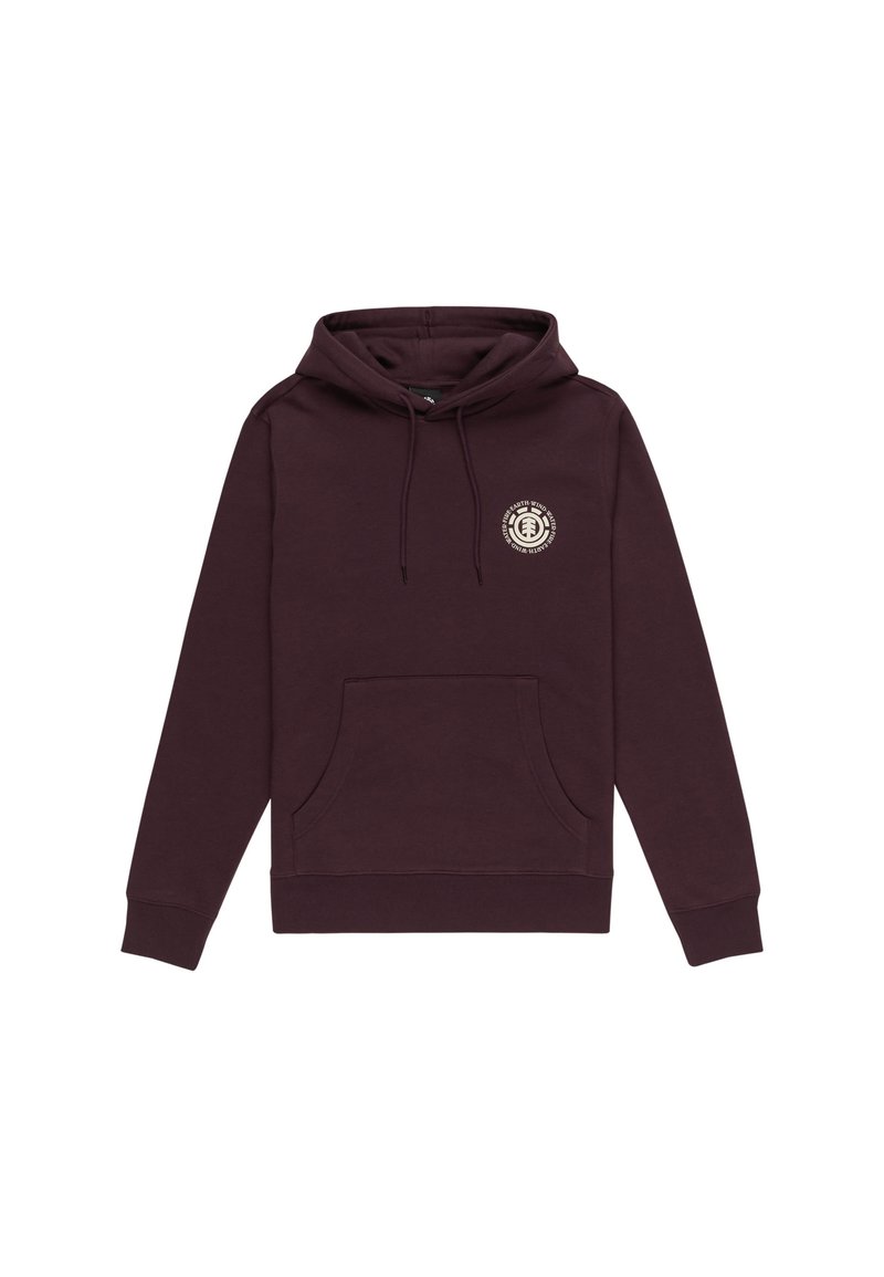 Sudadera burdeos con un bolsillo frontal, capucha con cordón y logo circular en el pecho. Textura suave con puños y dobladillo acanalados.